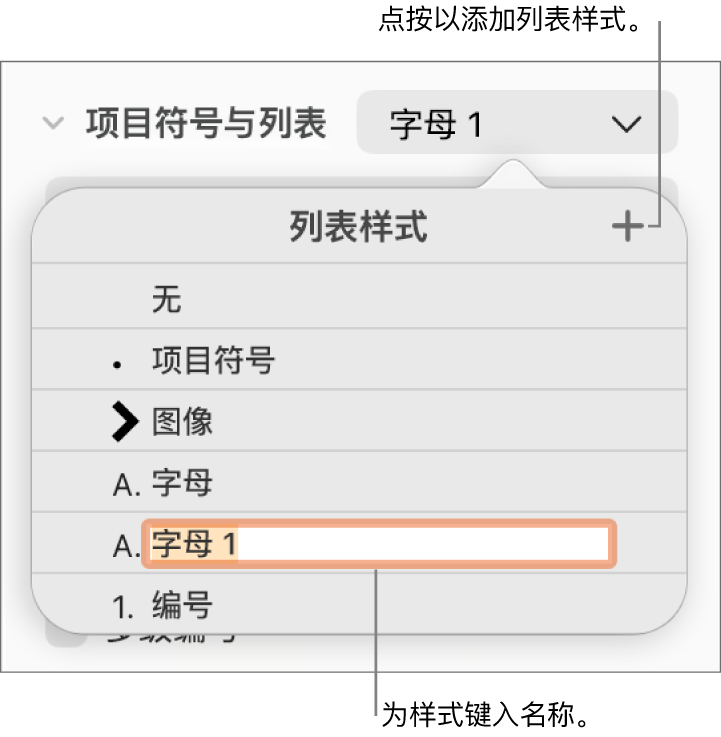 “列表样式”弹出式菜单，其中“添加”按钮位于右上角，占位符样式名称的文本被选中。