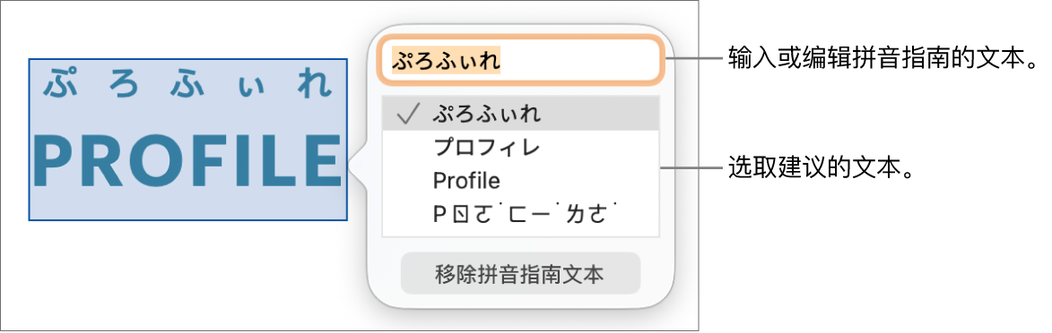 打开的拼音指南，字词的文本栏和建议的文本栏带有标注框。