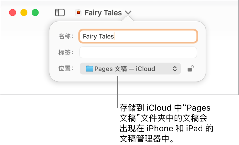 在“地点”弹出式对话框中选择“Pages 文稿— iCloud”的文稿的“保存”对话框。
