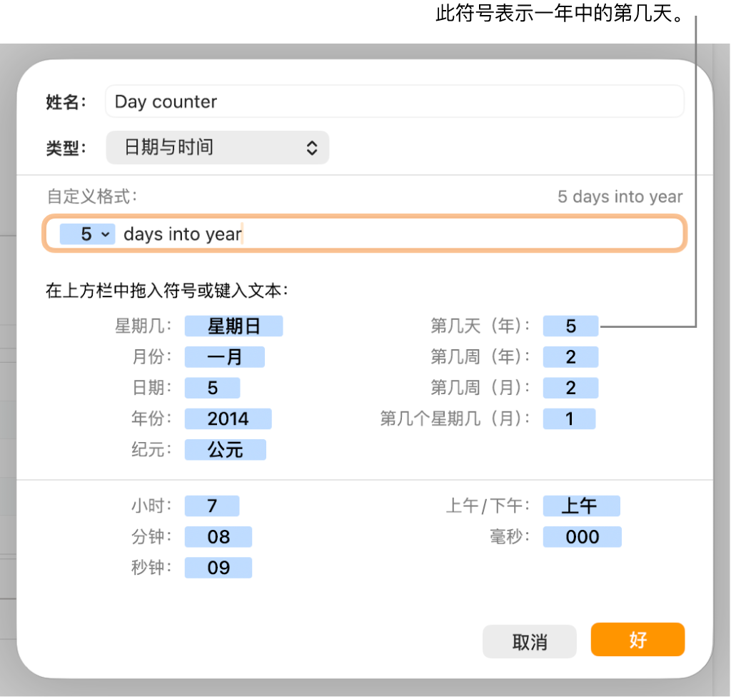 自定义单元格式窗口，带有用于选取自定义日期和时间格式的控制。