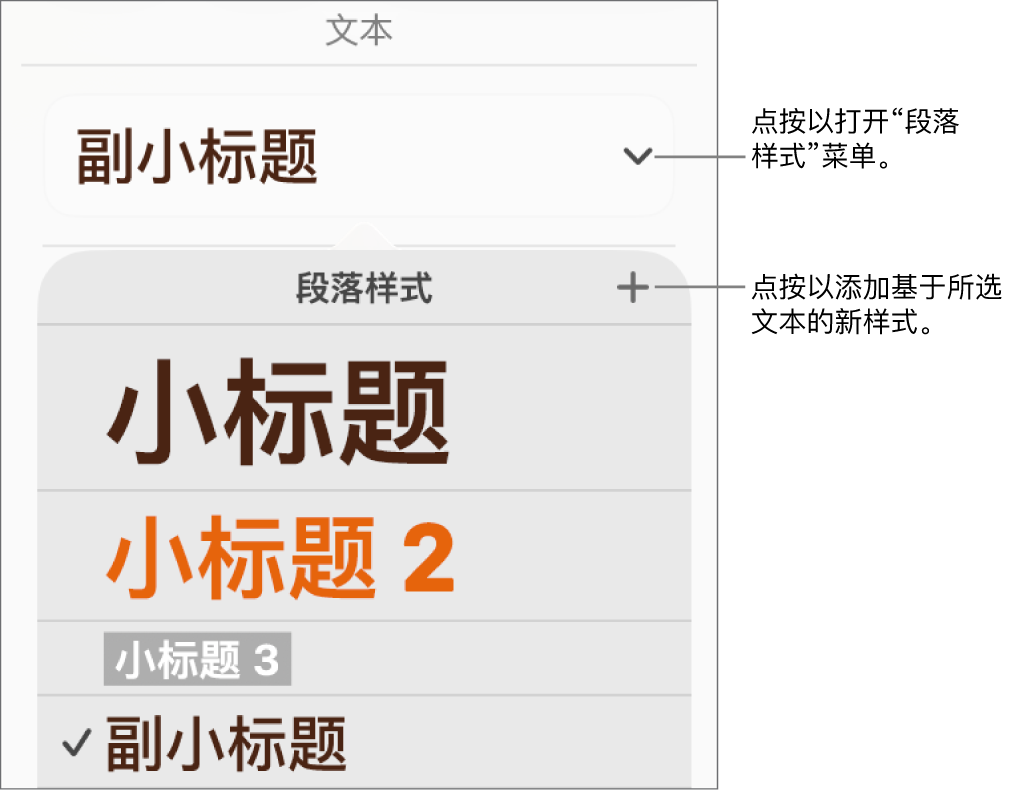 “段落样式”菜单，显示用于添加或更改样式的控制。
