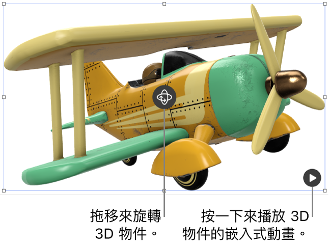 3D 物件的中間有「旋轉」按鈕，而「播放」按鈕則位於右下角。
