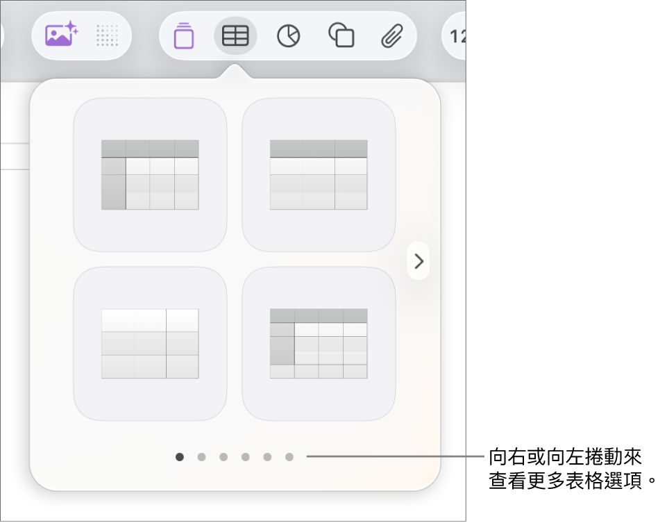 「加入表格」選單帶有導覽箭嘴。