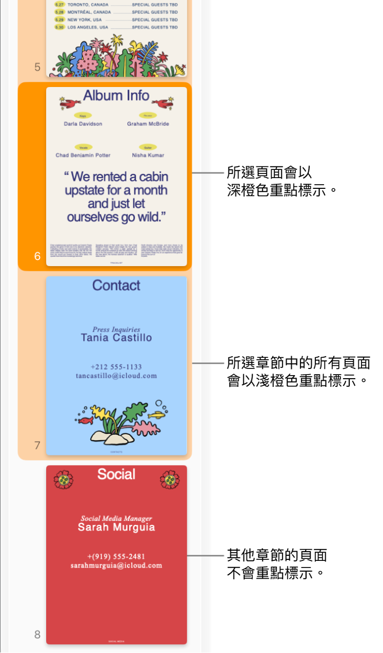 「縮圖顯示方式」側邊欄，所選取的頁面以深橙色重點標示，所選擇章節中的全部頁面則以淺橙色重點標示。