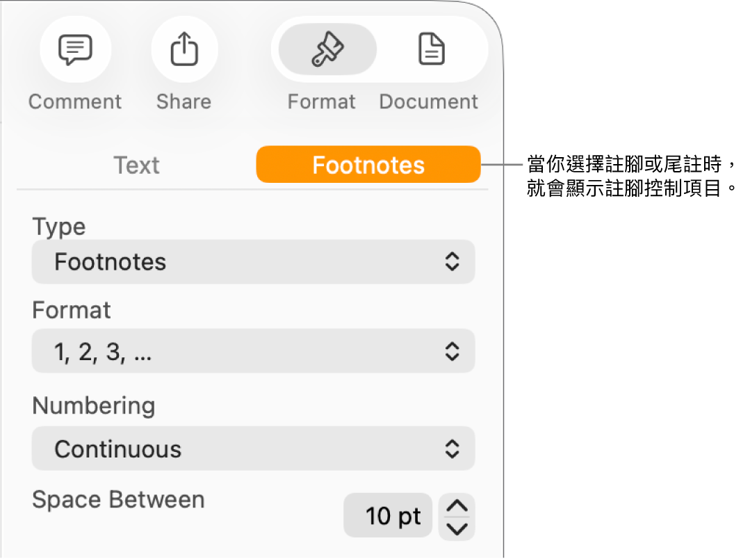 「註腳」面板，顯示「類型」、「格式」、「編號」的彈出式選單，以及註解間的空間。