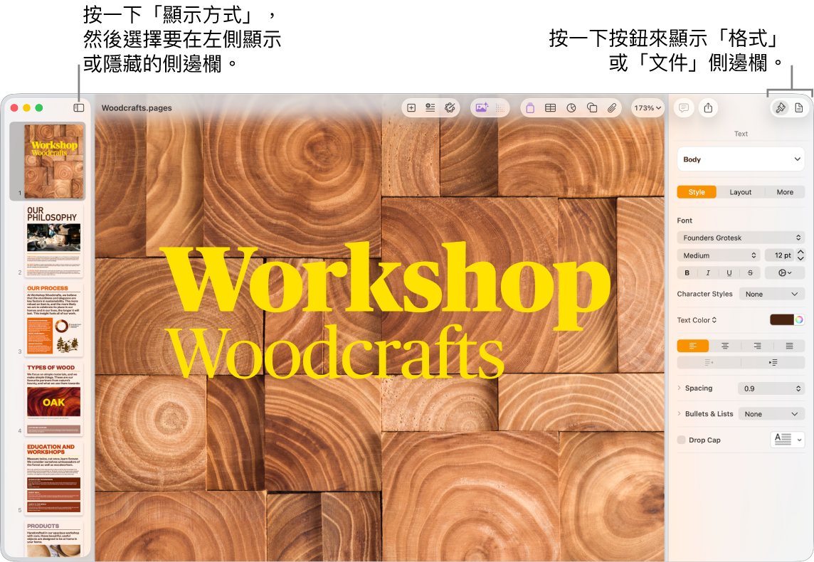 Pages 視窗,説明文字指向「顯示方式」選單按鈕和工具列中的「格式」與「文件」按鈕。側邊欄在左側和右側開啟。
