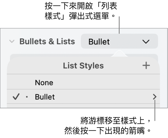 「列表樣式」彈出式選單，其中包括一個已選擇的樣式，右方有一個箭嘴。