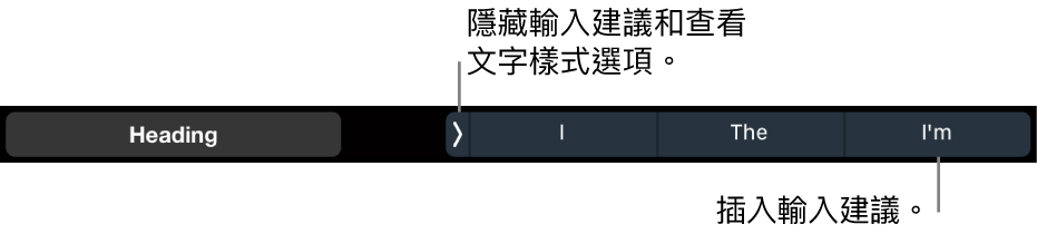 MacBook Pro「觸控欄」,其中有可選擇文字樣式、隱藏輸入建議以及插入輸入建議的控制項目。