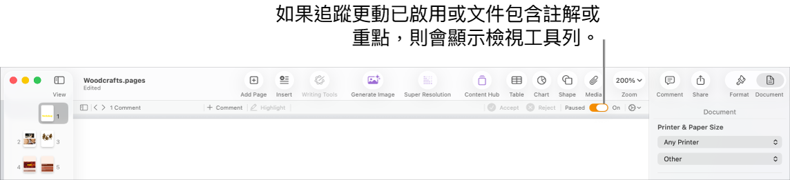 Pages 工具列開啟追蹤變更，Pages 工具列下方是複查工具列。