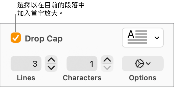 已剔選「首字放大」剔選框,然後彈出式選單在其右邊出現;設定行高、字數和其他選項的控制項目則在其下方出現。