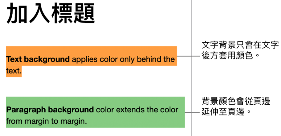 文字後方帶有顏色的一個段落，以及後方帶有顏色的第二個段落，在區塊中從頁邊延伸到頁邊。