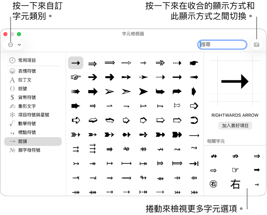 展開後的「字元檢視器」會顯示特殊字元和符號,左側有不同符號類別的選單,右上角有一個按鈕可以返回到收合的顯示方式。