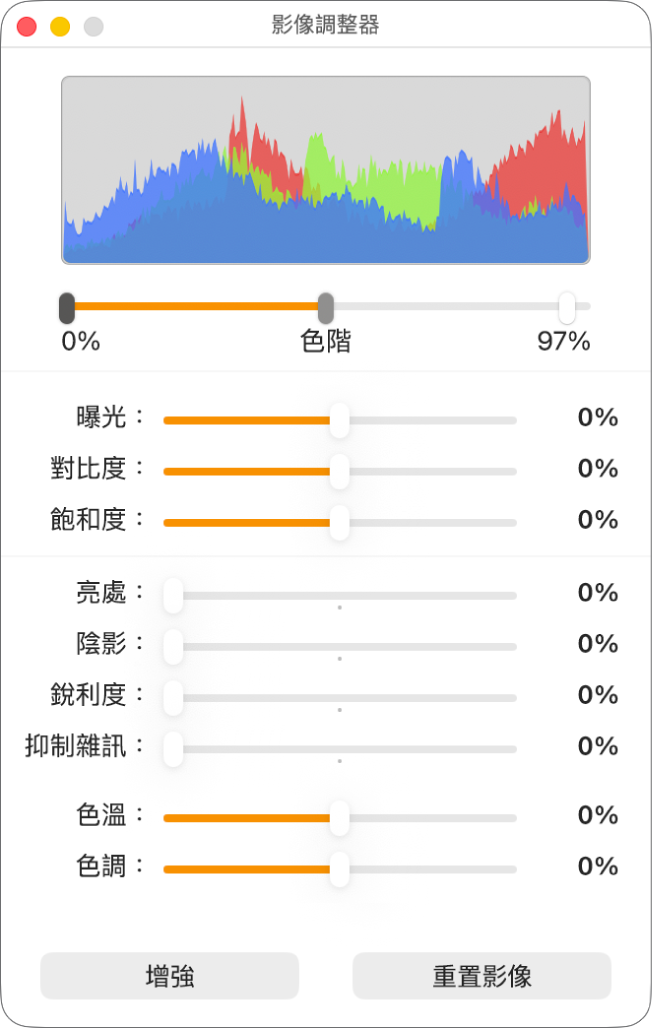 具有設定曝光度、對比度、飽合度、亮處、陰影、銳利度、抑制雜訊、色溫及色調滑桿的「影像調整器」視窗。