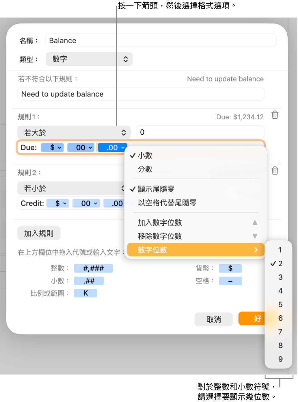 帶有選擇自訂格式選項的自訂輸入格格式視窗。