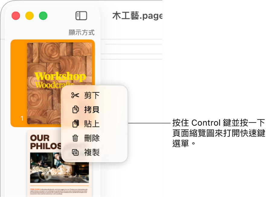 「頁面縮覽圖」顯示方式,已選取一個縮覽圖和開啟快速鍵選單。