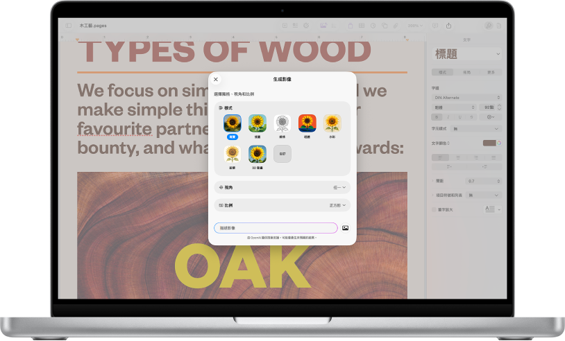 「生成影像」對話框，顯示可根據文字描述生成影像的選項。