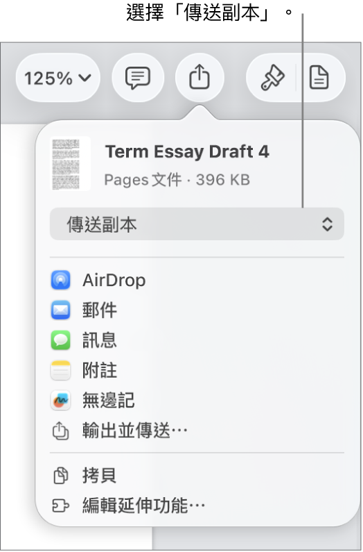 「分享」選單的最上方已選取「傳送副本」。