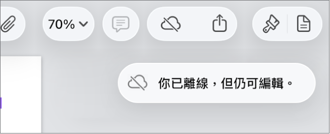 螢幕最上方的按鈕，「合作」按鈕變更為帶有對角線穿過的雲狀。螢幕上的提示顯示「你已離線，但仍可編輯」。