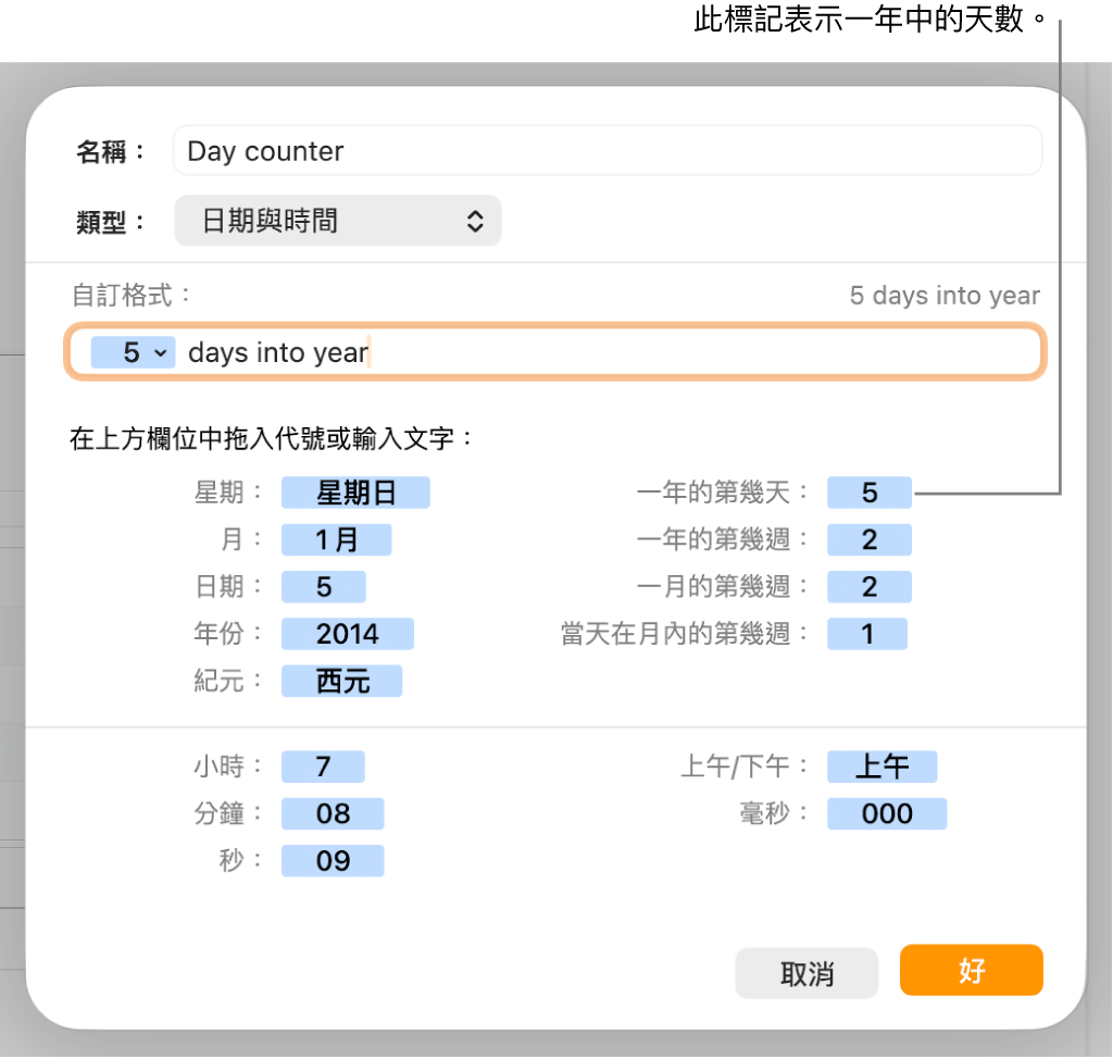 帶有控制項目的自訂輸入格格式視窗,用來選擇自訂日期與時間格式。