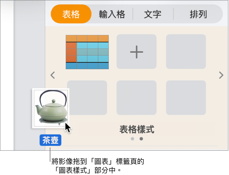 拖移影像至側邊欄中的圖表樣式部分以製作新樣式。