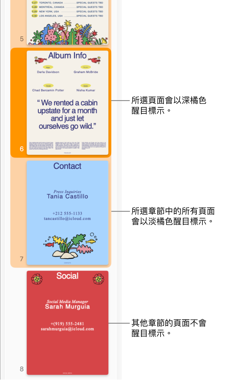 「縮覽圖顯示方式」側邊欄,所選取的頁面以深橘色反白顯示,所選取章節中的全部頁面則以淡橘色反白顯示。