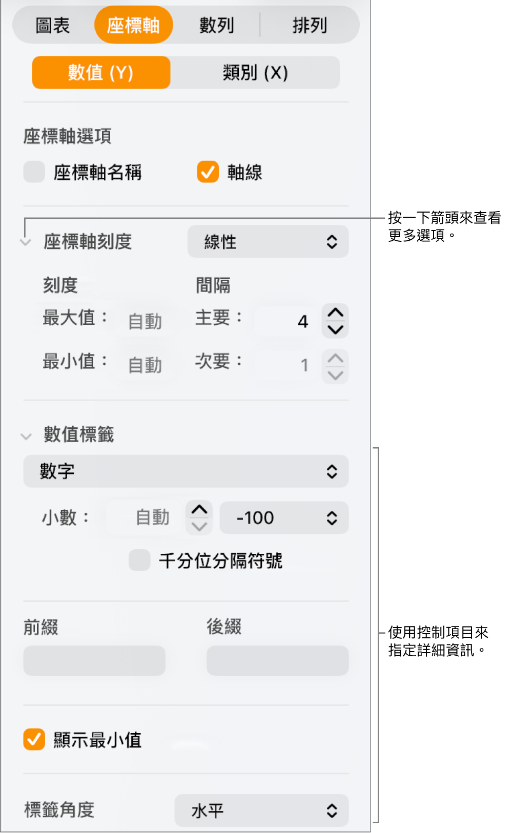 設定圖表座標軸標記控制項目的格式。