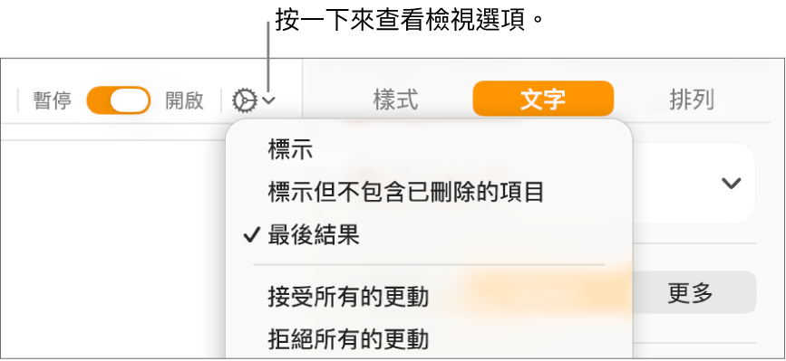 複查選項選單顯示「標示」、「標示但不包含已刪除的項目」和「最後結果」。