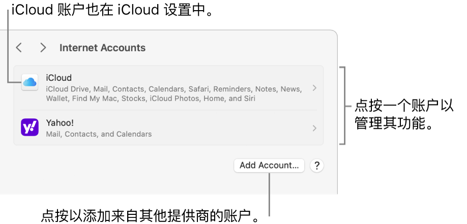 “互联网账户”设置,其中列出了在 Mac 上设置的账户。