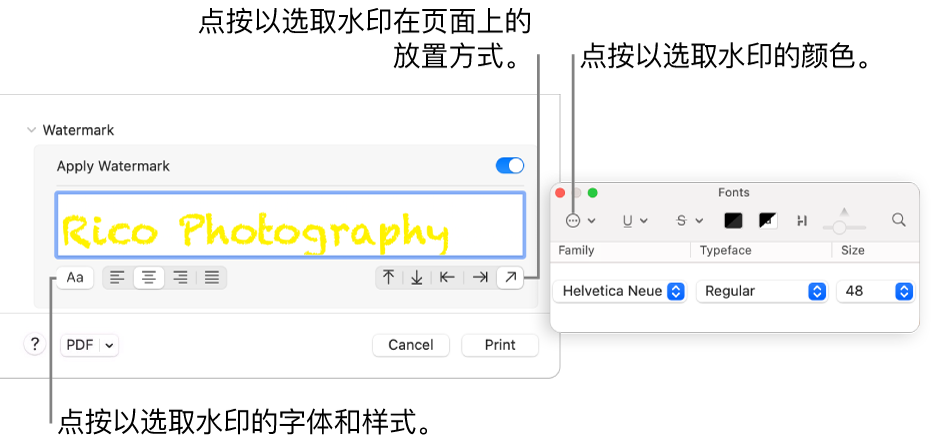 “水印”打印选项，显示“应用水印”、“位置”和“水印标签”选项。