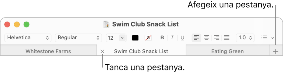 Una finestra del TextEdit amb tres pestanyes a la barra de pestanyes, situada a sota de la barra de format. Una de les pestanyes té un botó de tancar. El botó d’afegir es troba a l’extrem dret de la barra de pestanyes.