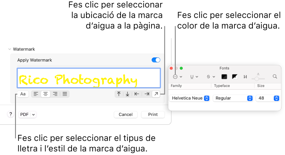 Les opcions d'impressió de marca d’aigua amb les opcions “Aplica una marca d’aigua”, “Ubicació” i “Etiqueta de la marca d’aigua”.
