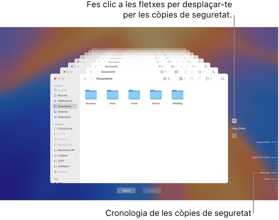 La finestra del Time Machine amb diverses finestres del Finder apilades per representar còpies de seguretat amb fletxes de navegació. Les fletxes i la cronologia de còpia de seguretat de la dreta ajuden a navegar per les còpies de seguretat perquè puguis seleccionar els arxius que vols restablir.