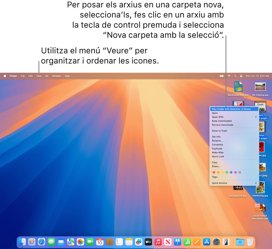 Un escriptori que conté arxius i carpetes. Hi ha diversos arxius seleccionats per col·locar-los a una carpeta nova. El menú desplegable que apareix en fer clic amb la tecla de control premuda en un arxiu seleccionat, amb l’opció “Nova carpeta amb la selecció” marcada.
