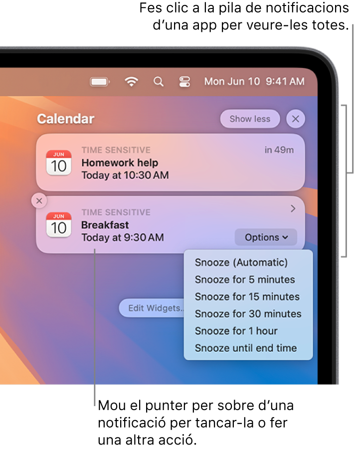 Notificacions d’app a l’angle superior dret de l’escriptori que inclou una pila oberta de dues notificacions de l’app Recordatoris amb el botó “Mostra’n menys” per contraure la pila i una notificació de l’app Calendari amb un botó d’ajornar.