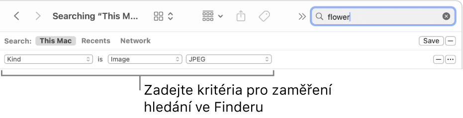 Okno Finderu s poli pro zadávání kritérií vyhledávání