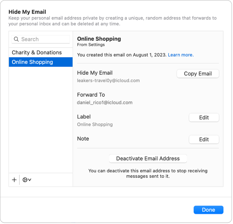 Volby pro správu e‑mailové adresy vytvořené pomocí funkce Skrýt můj e-mail