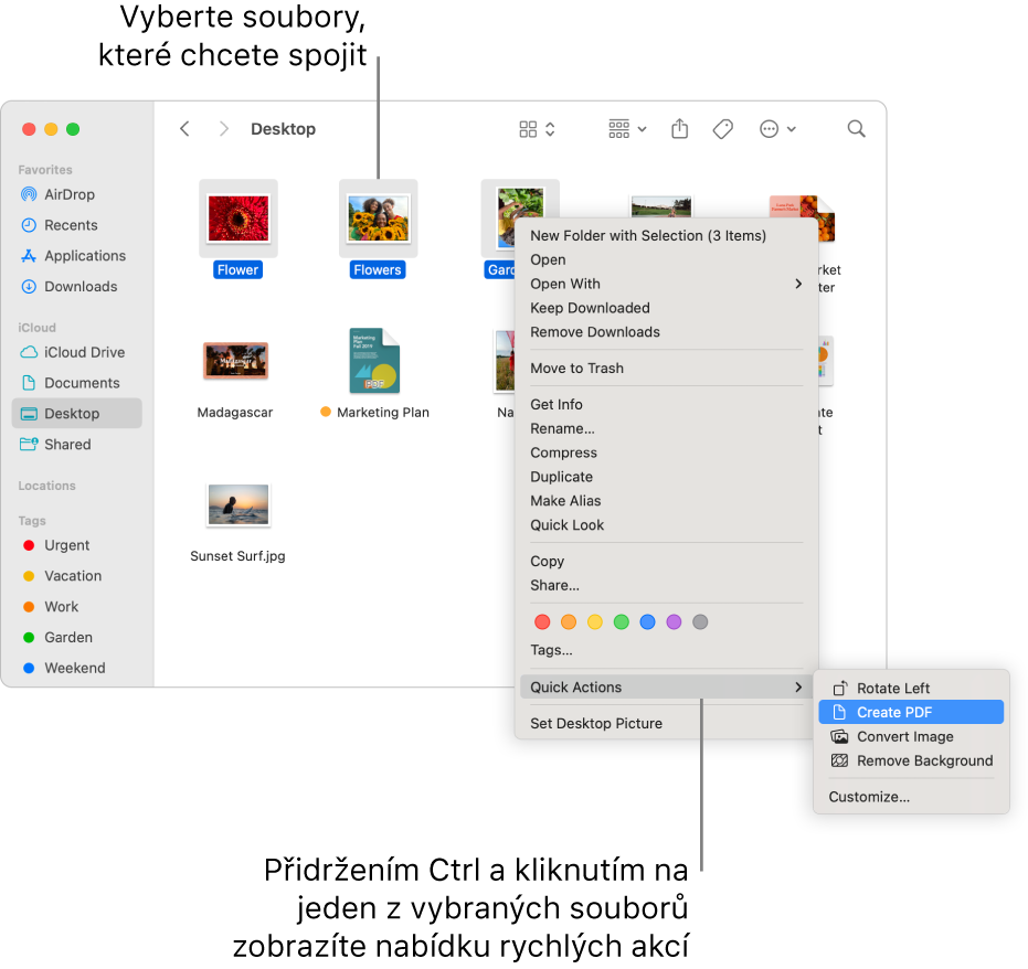 Okno Finderu se soubory a složkami, v němž jsou vybrány tři soubory. V nabídce Rychlé akce je zvýrazněna volba „Vytvořit PDF“.