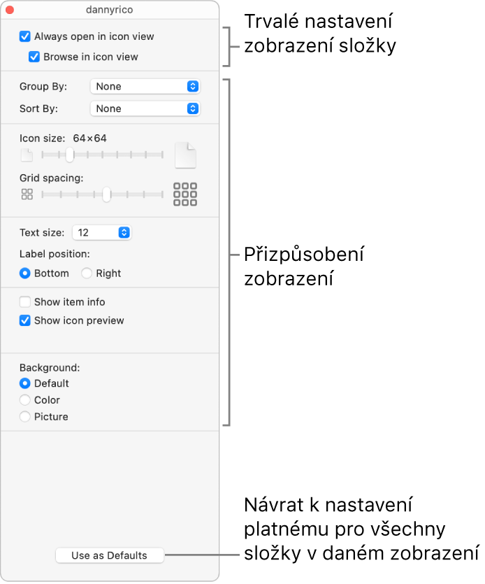 Volby ikonového zobrazení pro složku
