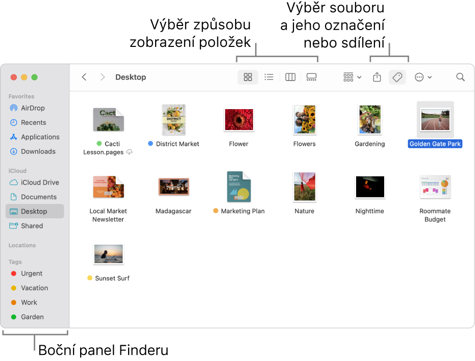 Okno Finderu s bočním panelem Finderu vlevo. Nahoře v okně jsou vidět čtyři tlačítka, jejichž popisky se mění podle způsobu zobrazení položek v okně, a také další tlačítka pro uspořádání a sdílení položek