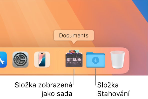 Pravá část Docku se složkou zobrazenou v podobě sady a složkou Stahování zobrazenou v podobě složky.