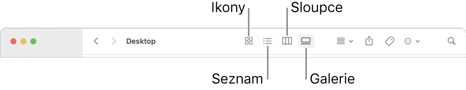 Horní část okna Finderu s tlačítky voleb zobrazení pro složku