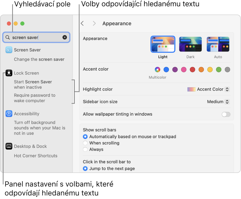 Okno Nastavení systému zobrazující text „spořič obrazovky“ v poli hledání a seznam odpovídající výsledkům hledání pod polem hledání