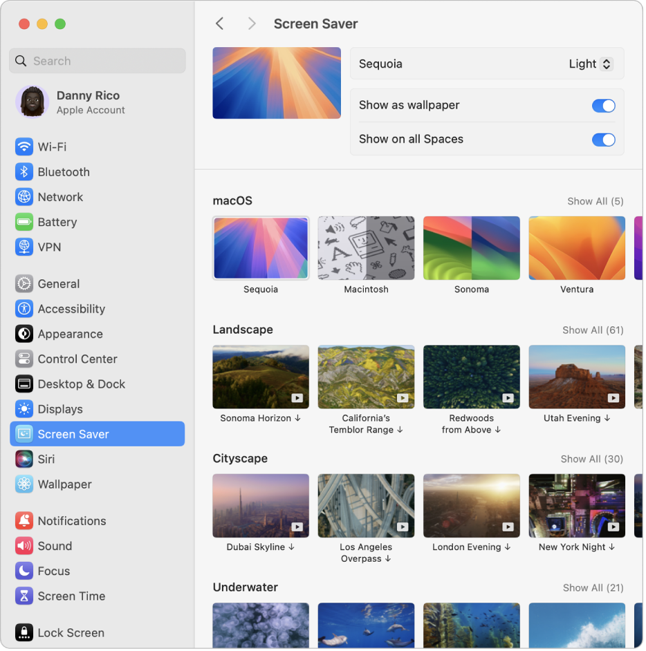 Okno Nastavení systému s nastavením Spořič obrazovky vybraným na bočním panelu a volba macOS Sonoma (Světlý) vybraná vpravo