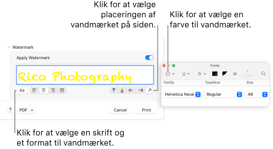 Under Vandmærke vises mulighederne Anvend vandmærke, Placering og Vandmærkemærkat.