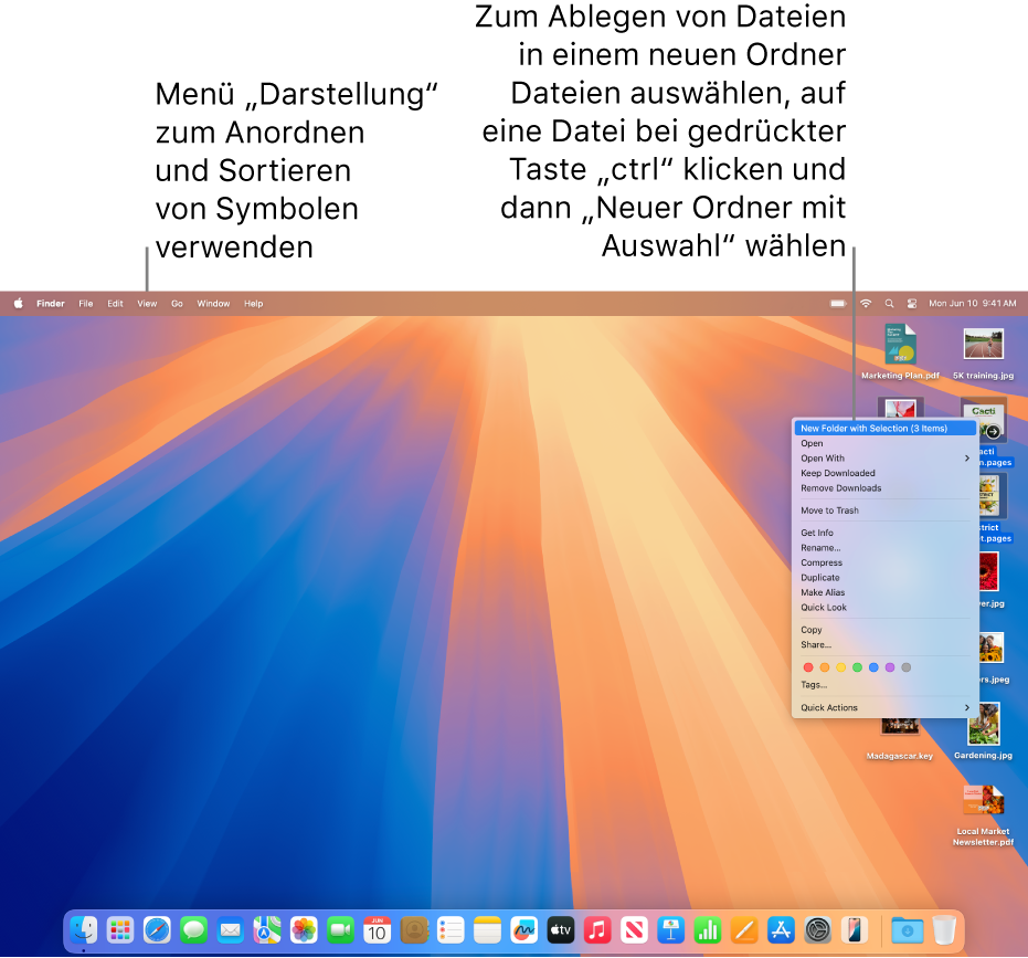 Ein Schreibtisch mit Dateien und Ordnern. Mehrere Dateien sind ausgewählt, damit sie in einen neuen Ordner bewegt werden können. Ein durch einen Klick bei gedrückter Control-Taste auf eine der ausgewählten Dateien geöffnetes Einblendmenü zeigt die ausgewählte Option „Neuer Ordner mit Auswahl“.