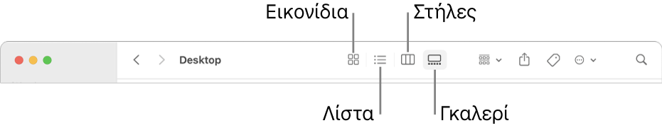 Η γραμμή εργαλείων του Finder όπου εμφανίζονται τα κουμπιά επιλογών Προβολής για έναν φάκελο.