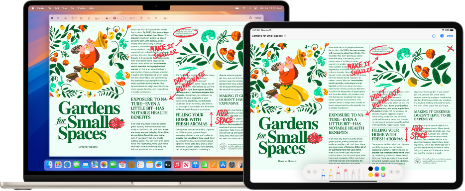 Ένα MacBook Air και ένα iPad δίπλα-δίπλα. Και στις δύο οθόνες εμφανίζεται ένα άρθρο που καλύπτεται με σκαριφήματα επεξεργασίας σε κόκκινο χρώμα, όπως διαγραμμένες προτάσεις, βέλη και λέξεις που έχουν προστεθεί. Στο iPad εμφανίζονται επίσης στοιχεία ελέγχου Σήμανσης στο κάτω μέρος της οθόνης.