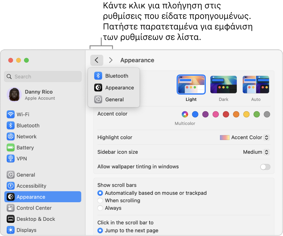 Το παράθυρο «Ρυθμίσεις συστήματος» όπου εμφανίζονται οι ρυθμίσεις που προβλήθηκαν πρόσφατα κάτω από το κουμπί «Πίσω».