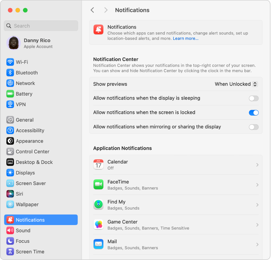 The Notifications System Settings window.