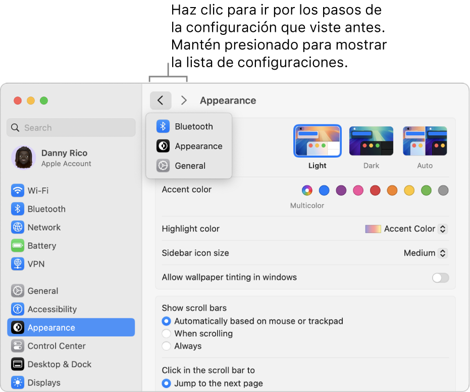 La ventana de Configuración del Sistema muestra la configuración vista recientemente debajo del botón Atrás.